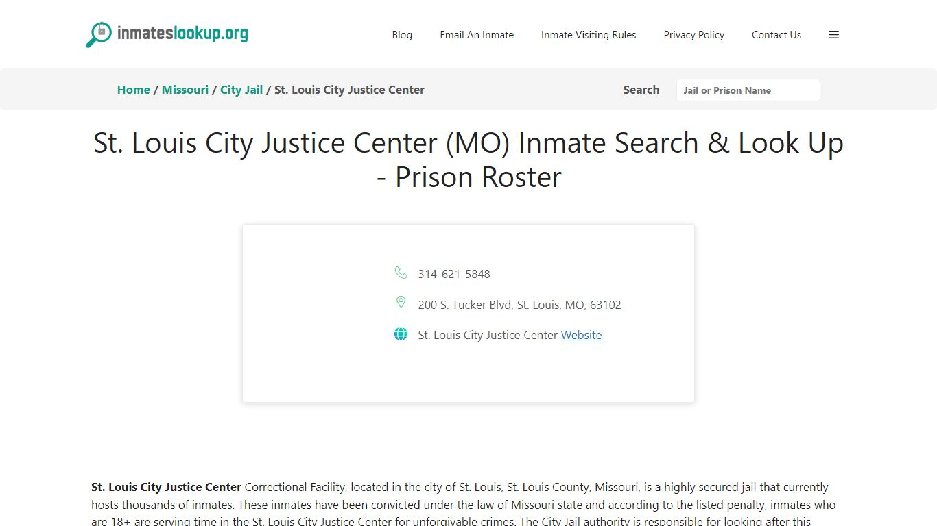 St. Louis City Justice Center (MO) Inmate Search & Look Up - Prison Roster