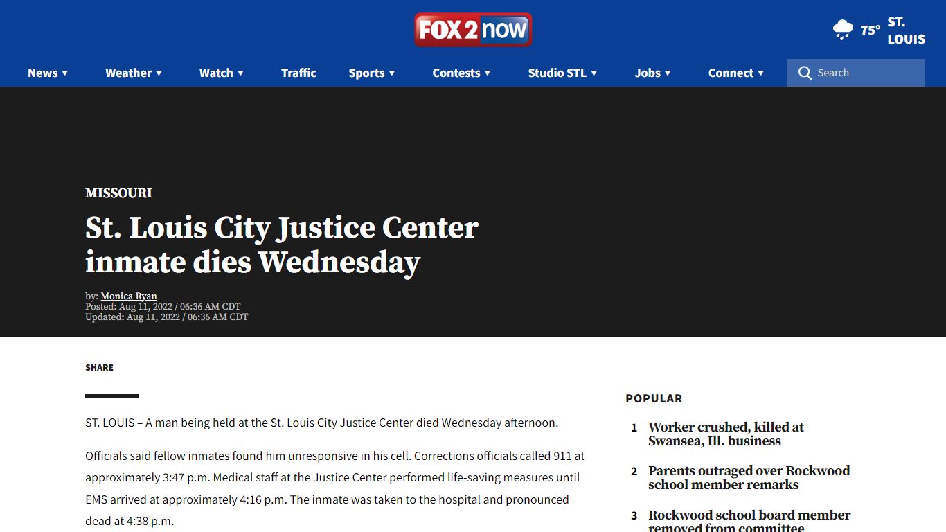 St. Louis City Justice Center inmate dies Wednesday | FOX 2